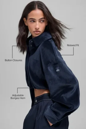 Kurze „Mountain Side“-Jacke aus geripptem Velours – Navy