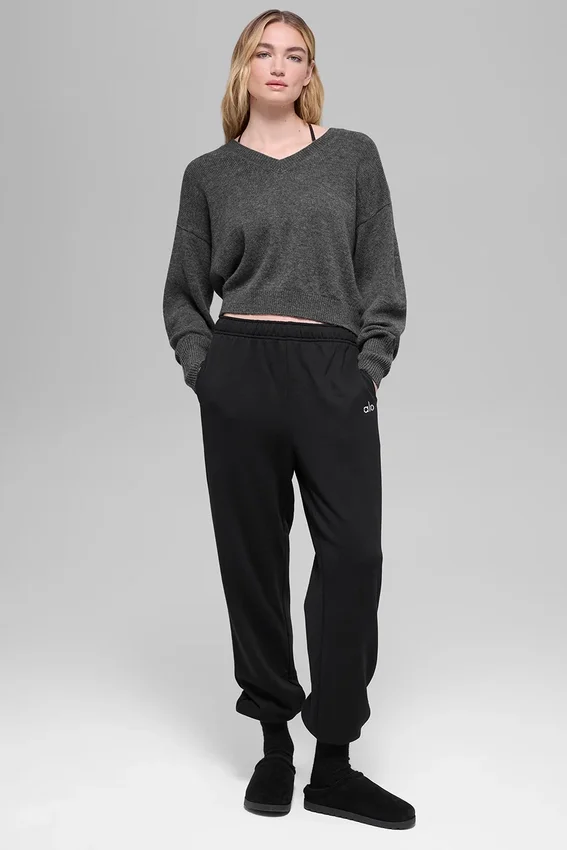 Kurzer „New Class“-Pullover aus Wolle und Kaschmir mit V-Ausschnitt – Platingrau