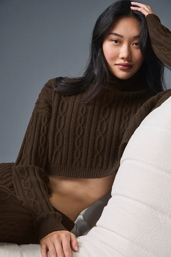 Kurzer Winter Bliss-Rollkragenpullover mit Zopfmuster und Langarmshirts – Espresso