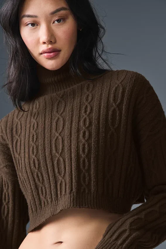 Kurzer Winter Bliss-Rollkragenpullover mit Zopfmuster und Langarmshirts – Espresso