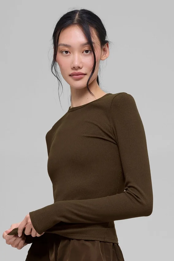 Langarmshirt aus geripptem Modal – Espresso