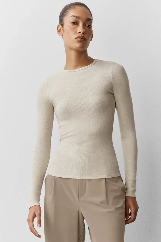 Langarmshirt aus geripptem Modal – Oatmeal Heather
