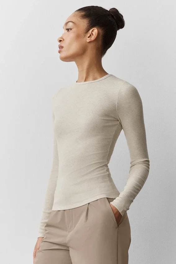 Langarmshirt aus geripptem Modal – Oatmeal Heather