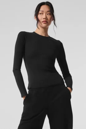 Langarmshirt aus geripptem Modal – Schwarz