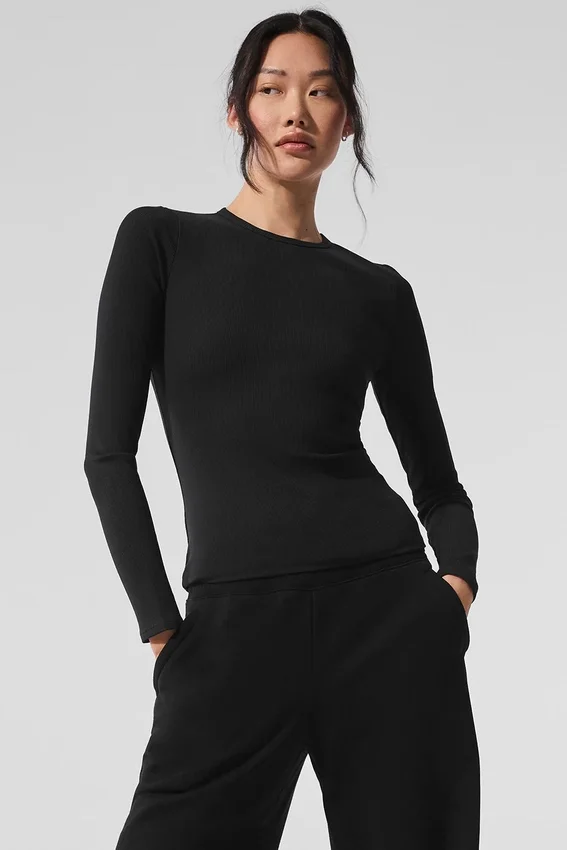 Langarmshirt aus geripptem Modal – Schwarz