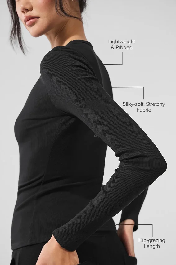 Langarmshirt aus geripptem Modal – Schwarz
