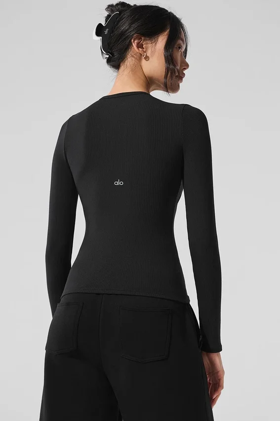 Langarmshirt aus geripptem Modal – Schwarz