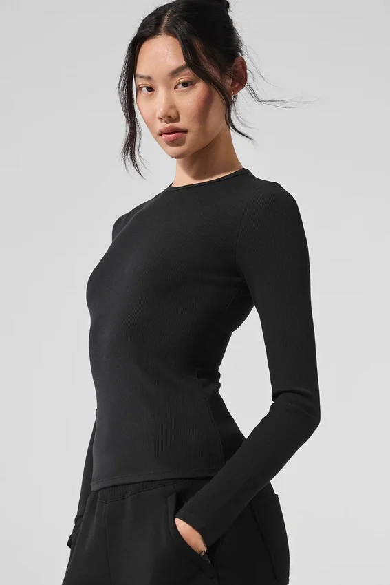 Langarmshirt aus geripptem Modal – Schwarz