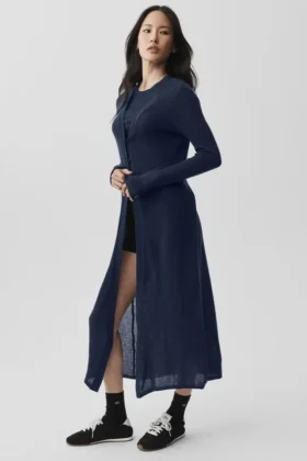 Langer Cardigan aus durchscheinendem Kaschmir – Marineblau