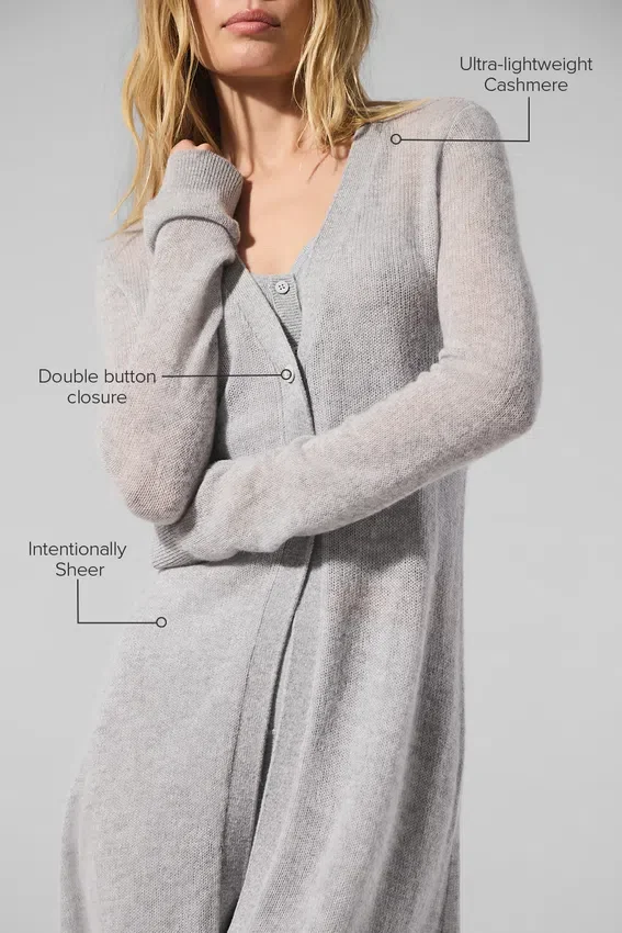 Langer Cardigan aus transparentem Kaschmir – Athletic Heather Grey