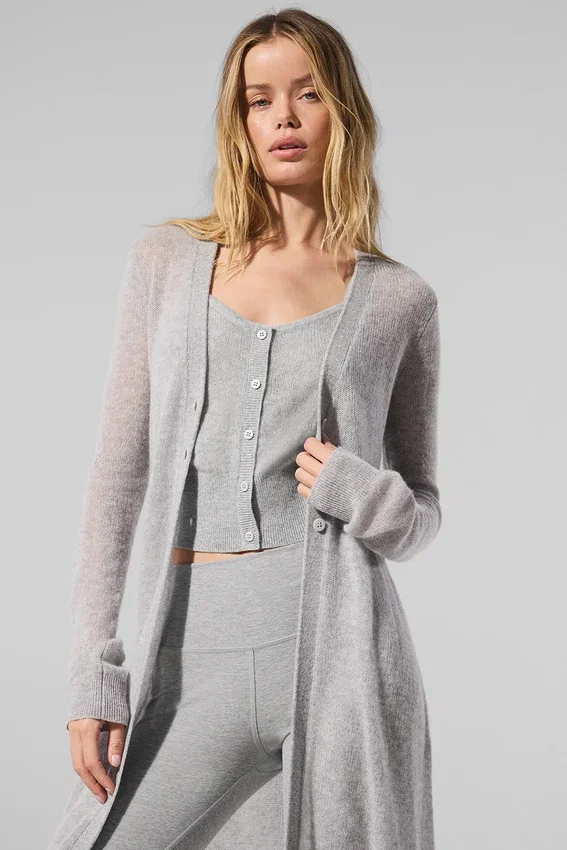 Langer Cardigan aus transparentem Kaschmir – Athletic Heather Grey