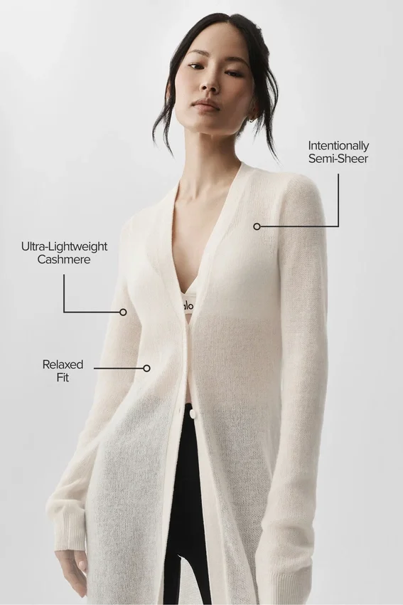 Langer, durchscheinender Kaschmir-Cardigan – Elfenbein