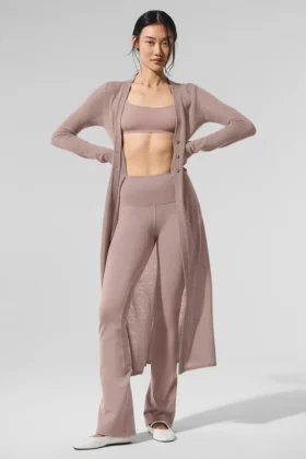 Langer, transparenter Kaschmir-Cardigan – Taupe