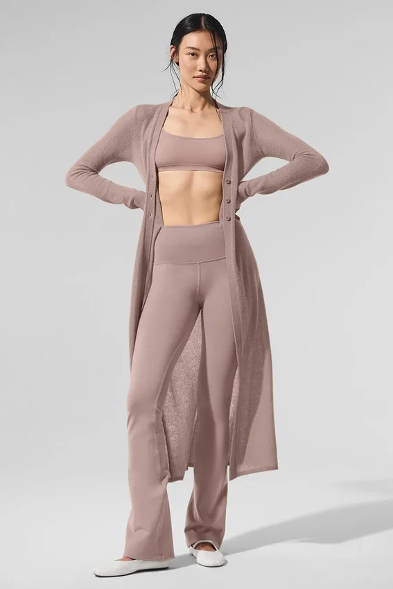 Langer, transparenter Kaschmir-Cardigan – Taupe