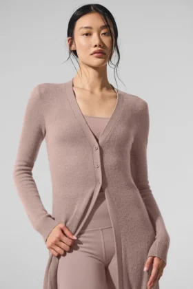 Langer, transparenter Kaschmir-Cardigan – Taupe