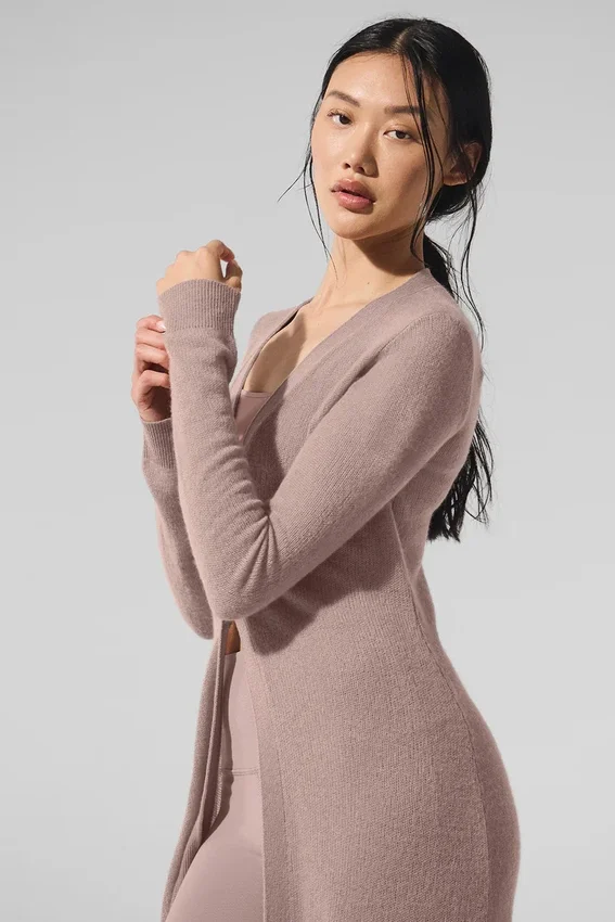 Langer, transparenter Kaschmir-Cardigan – Taupe