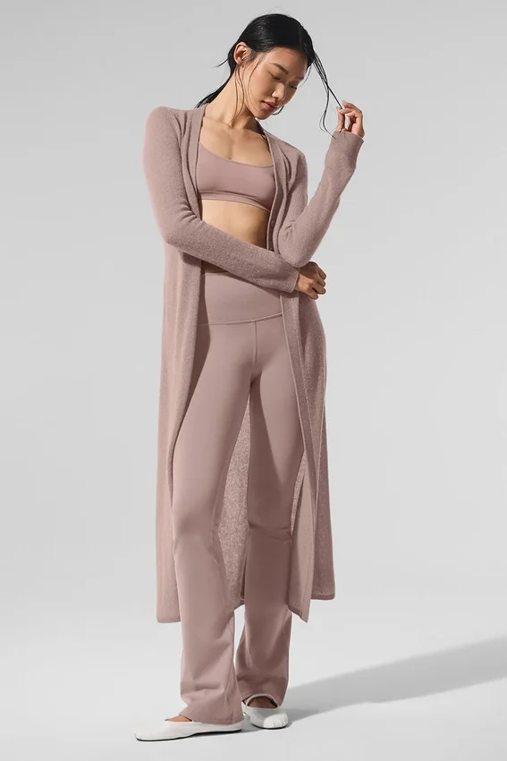 Langer, transparenter Kaschmir-Cardigan – Taupe