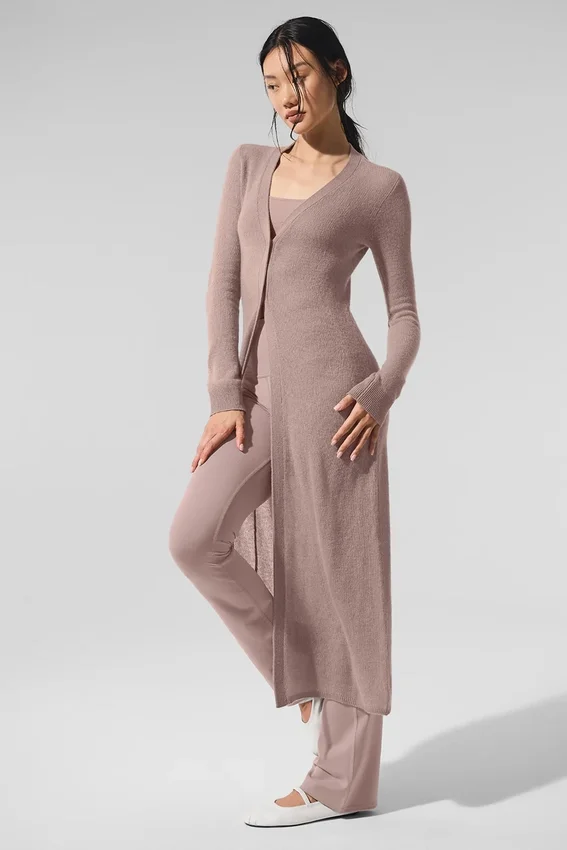 Langer, transparenter Kaschmir-Cardigan – Taupe