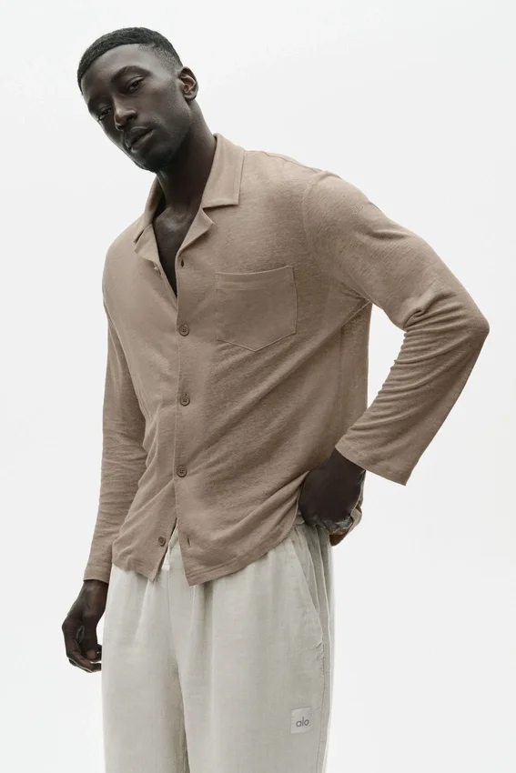 Leinen-Jersey-Hemd „Coastal“ mit Langarmshirts und Knopfleiste – Gravel