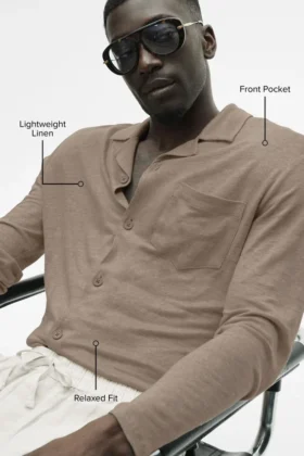 Leinen-Jersey-Hemd „Coastal“ mit Langarmshirts und Knopfleiste – Gravel