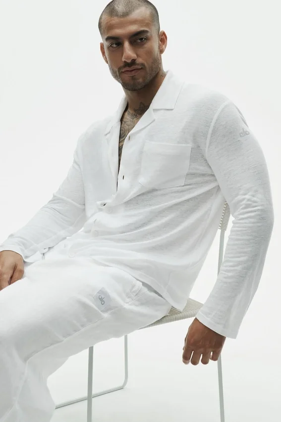 Leinen-Jersey-Hemd „Coastal“ mit Langarmshirts und Knopfleiste – Weiß
