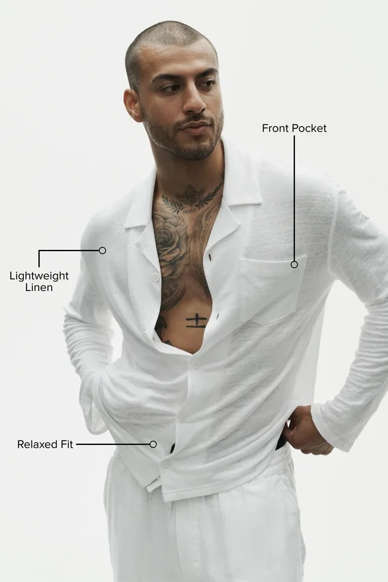 Leinen-Jersey-Hemd „Coastal“ mit Langarmshirts und Knopfleiste – Weiß