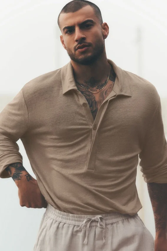 Leinen-Jersey-Pullover „Coastal“ mit Langarmshirts – Gravel