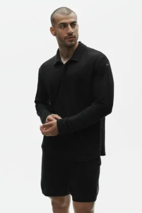 Leinen-Jersey-Pullover „Coastal“ mit Langarmshirts – Schwarz