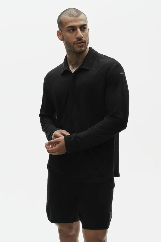 Leinen-Jersey-Pullover „Coastal“ mit Langarmshirts – Schwarz