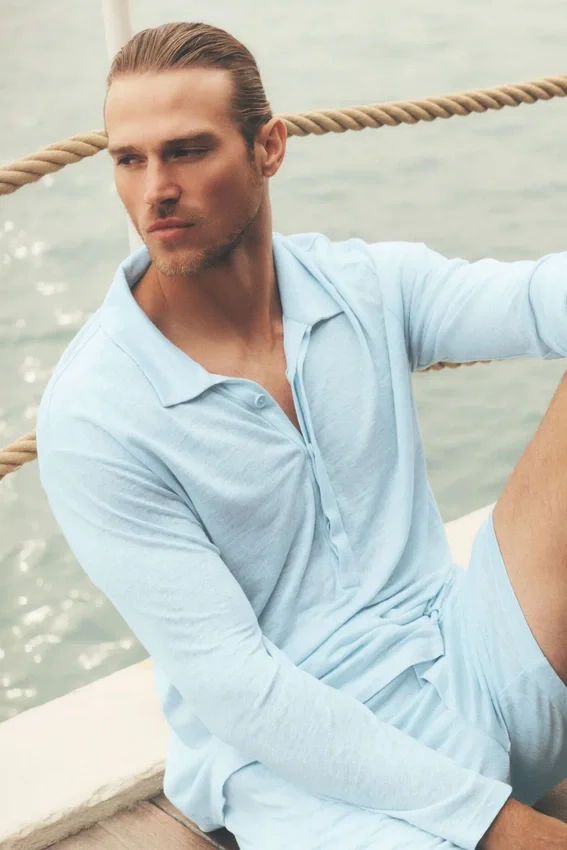 Leinen-Jersey-Pullover „Coastal“ mit Langarmshirts – Seaside Blue