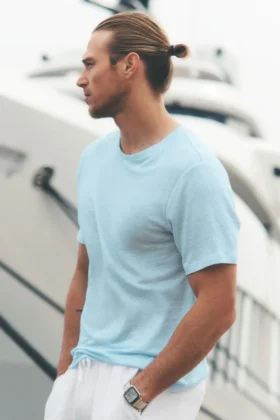 Leinen-Jersey-T-Shirt mit Kurzarmshirts im Küstenstil – Seaside Blue