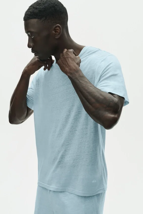 Leinen-Jersey-T-Shirt mit Kurzarmshirts im Küstenstil – Seaside Blue