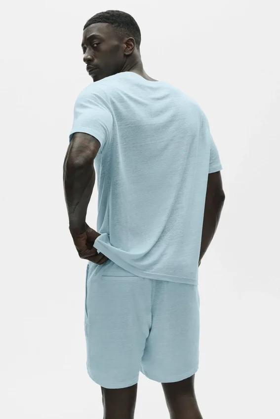 Leinen-Jersey-T-Shirt mit Kurzarmshirts im Küstenstil – Seaside Blue