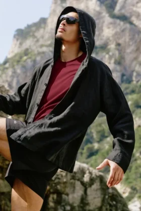 Linen Days Hoodie mit Knopfleiste – Schwarz