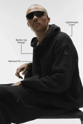 Linen Days Hoodie mit Knopfleiste – Schwarz