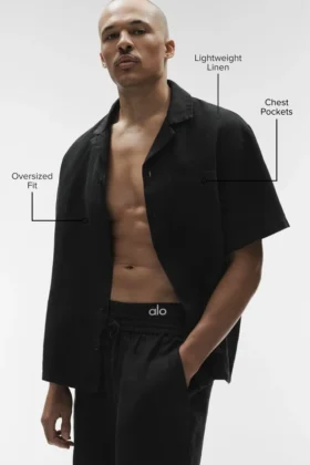 Linen Days Kurzarmshirt mit Knöpfen – Schwarz