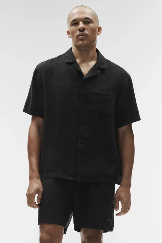 Linen Days Kurzarmshirt mit Knöpfen – Schwarz