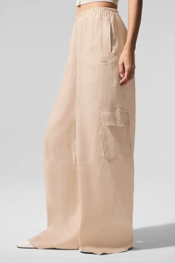 Linen Getaway Cargo-Hose mit weitem Bein – Macadamia