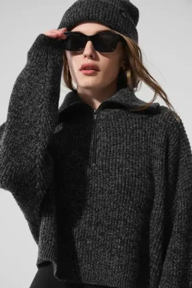 Marl-Pullover mit 1/4-Reißverschluss – Schwarz meliert