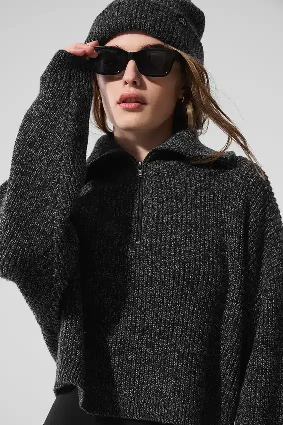 Marl-Pullover mit 1/4-Reißverschluss – Schwarz meliert