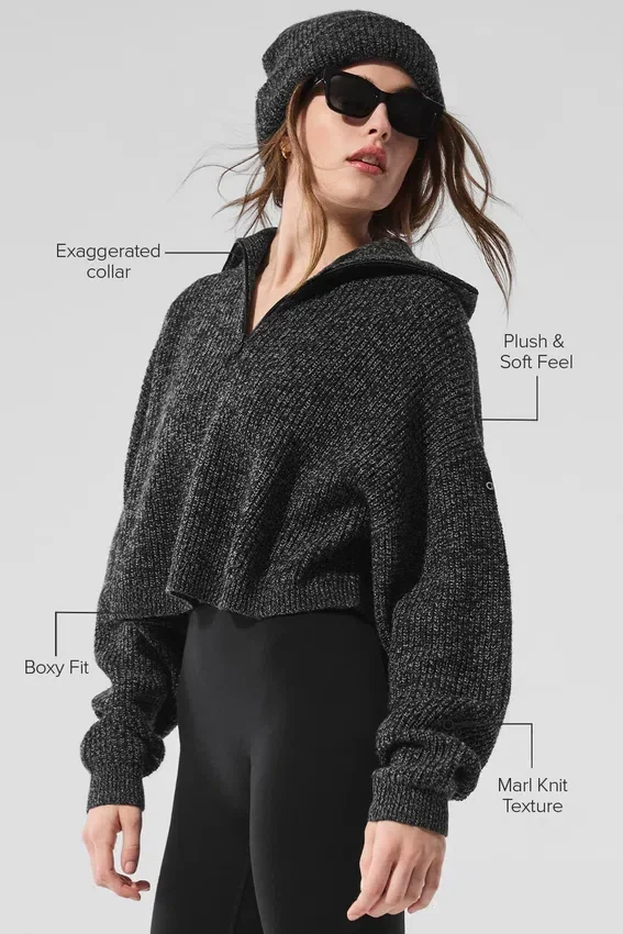 Marl-Pullover mit 1/4-Reißverschluss – Schwarz meliert
