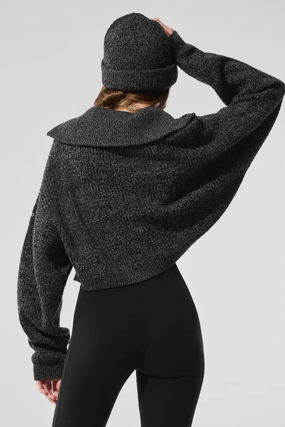 Marl-Pullover mit 1/4-Reißverschluss – Schwarz meliert