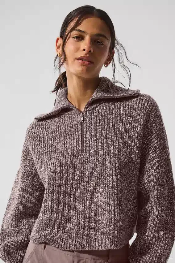 Marmorierter Pullover mit 1/4-Reißverschluss – Pilzfarben marmoriert