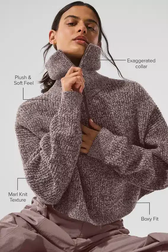 Marmorierter Pullover mit 1/4-Reißverschluss – Pilzfarben marmoriert
