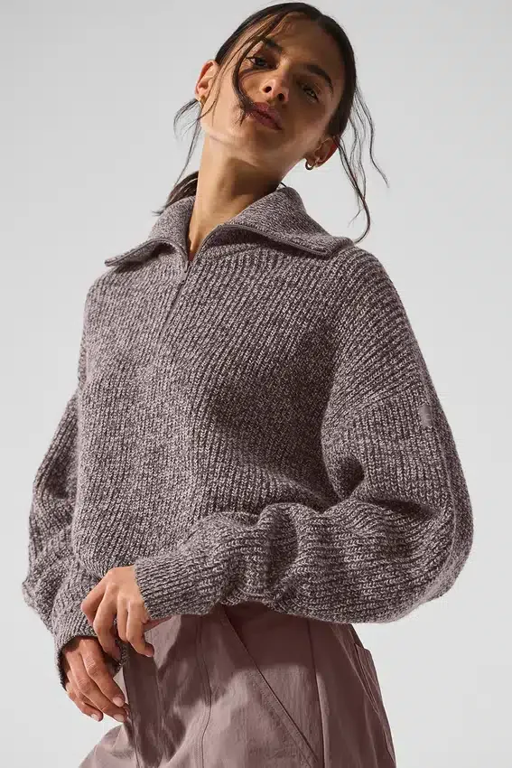 Marmorierter Pullover mit 1/4-Reißverschluss – Pilzfarben marmoriert