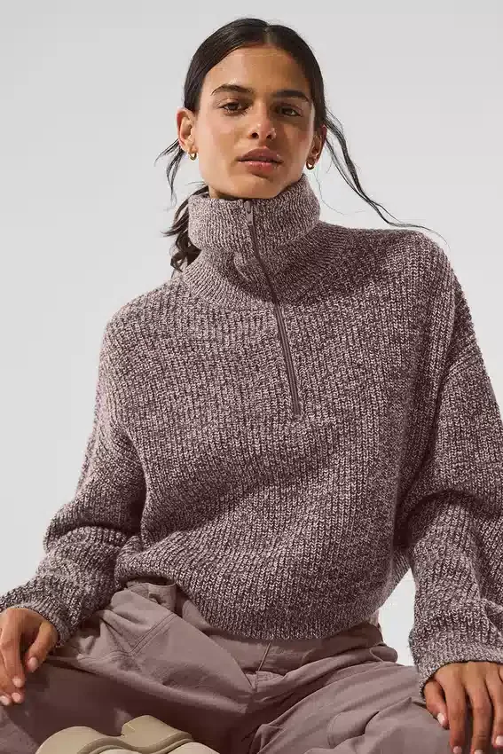 Marmorierter Pullover mit 1/4-Reißverschluss – Pilzfarben marmoriert