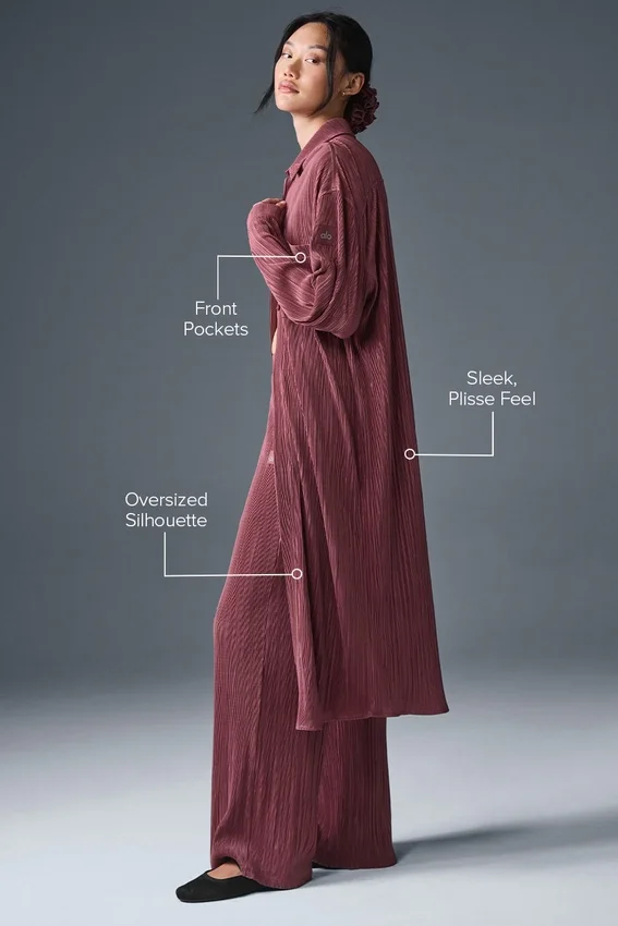 Mikroplissiertes Hemdkleid – Burgunder-Trüffel