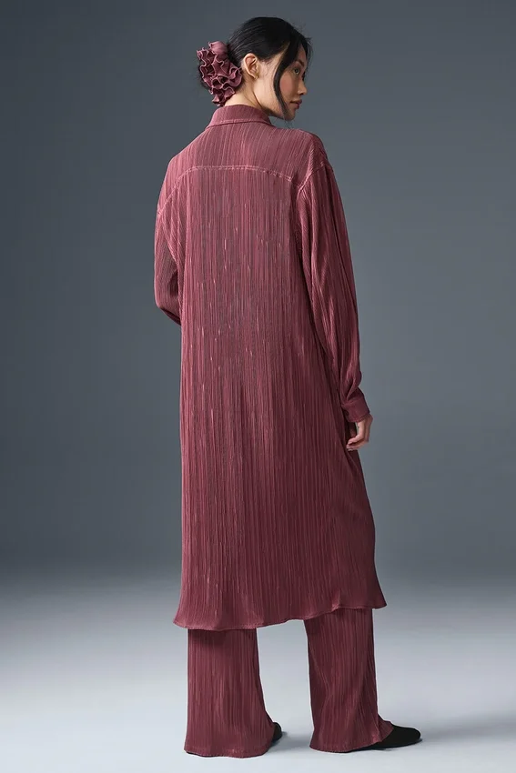 Mikroplissiertes Hemdkleid – Burgunder-Trüffel
