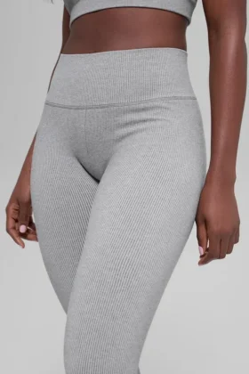 Nahtlose, High-Waist, zweifarbige Leggings mit Rippmuster – Light Misty Grey Heather