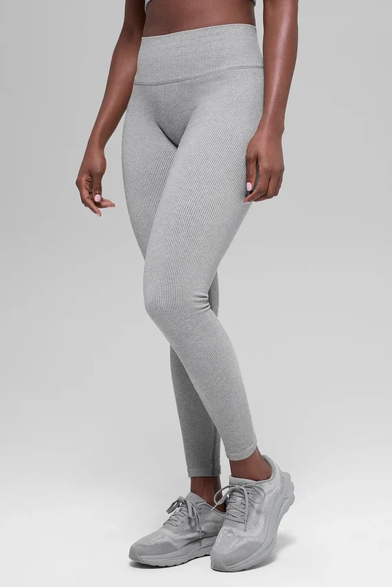 Nahtlose, High-Waist, zweifarbige Leggings mit Rippmuster – Light Misty Grey Heather